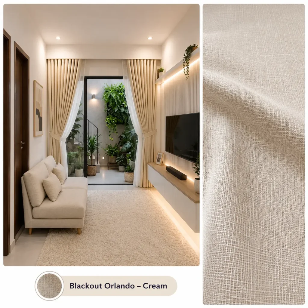Aplikasi gorden Blackout Orlando warna cream pada ruang tamu rumah kecil minimalis dengan tampilan tekstur kain sebagai referensi material dan warna.