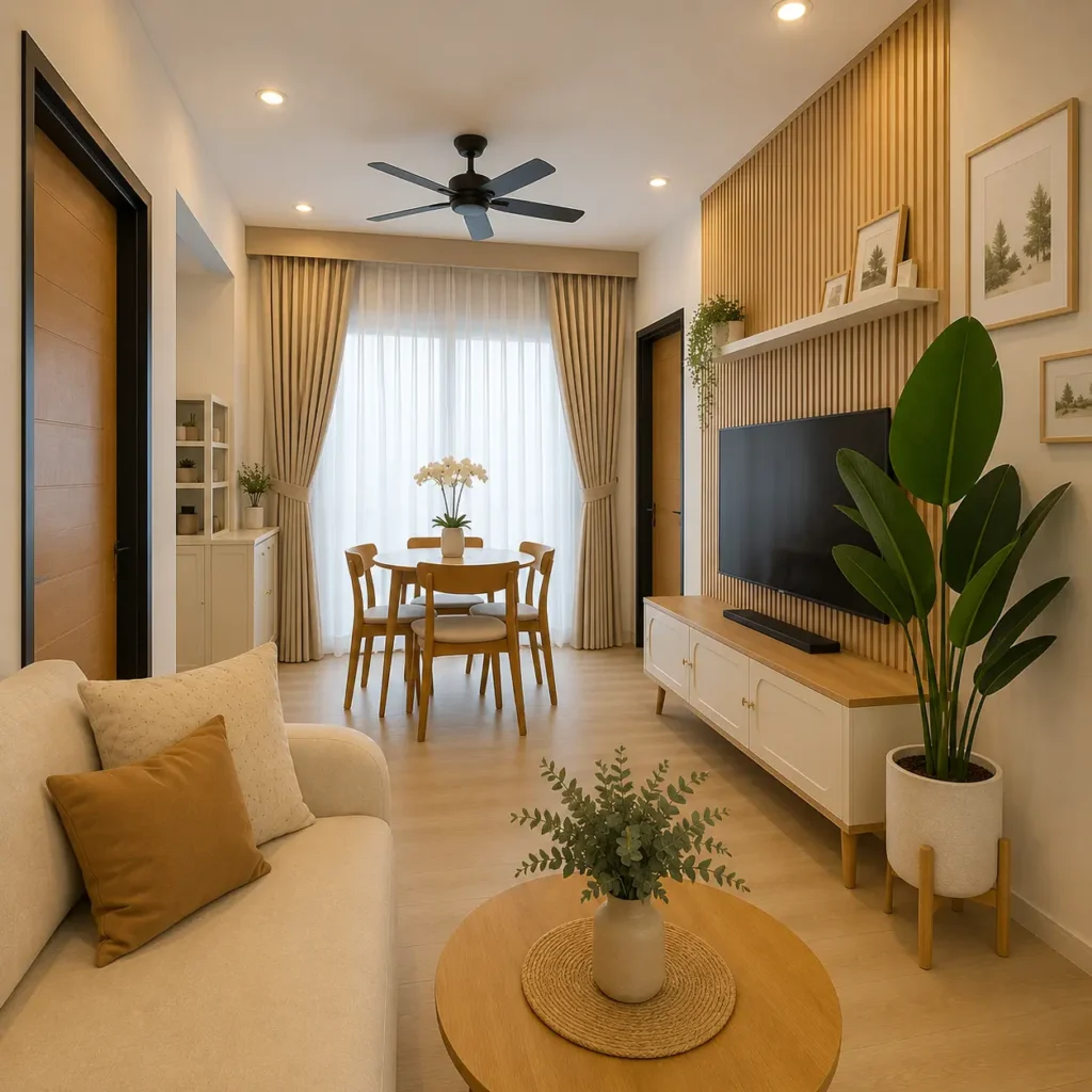 Box gorden (palmet) pada ruang tamu rumah minimalis tipe 45 yang menutupi rel gorden sehingga tampilan plafon terlihat lebih rapi dan modern.