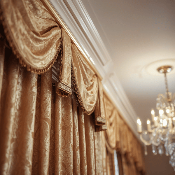 Detail box valance pada gorden klasik dengan finishing elegan yang menyatu dengan interior bergaya klasik modern