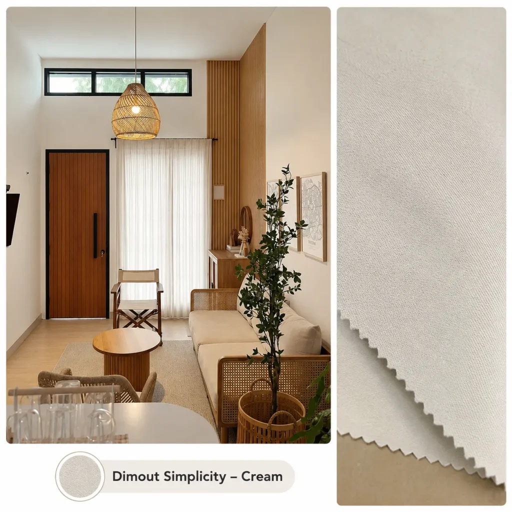 Aplikasi gorden Dimout Simplicity warna cream pada ruang tamu rumah minimalis dengan contoh tekstur kain yang tetap menghadirkan cahaya alami sekaligus menjaga privasi.
