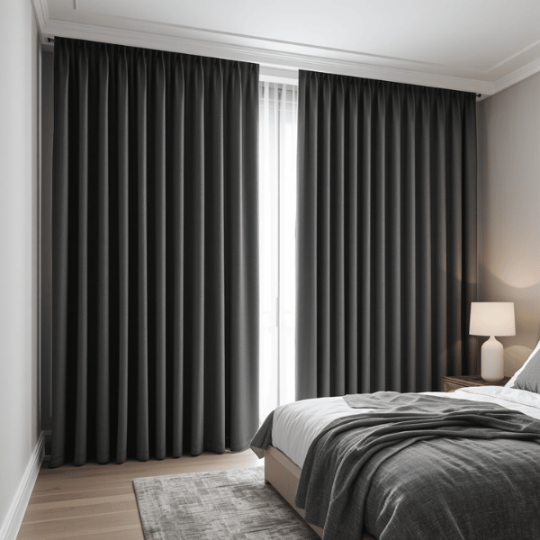 Gorden blackout warna abu-abu yang menghalangi cahaya matahari sehingga kamar tidur terasa lebih teduh, nyaman, dan memiliki privasi yang optimal.