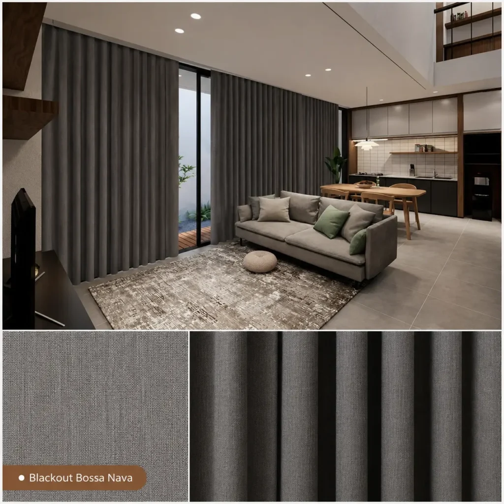 Gorden blackout Bossa Nava warna abu tua dipasang pada ruang keluarga rumah modern dengan desain minimalis dan tampilan premium.
