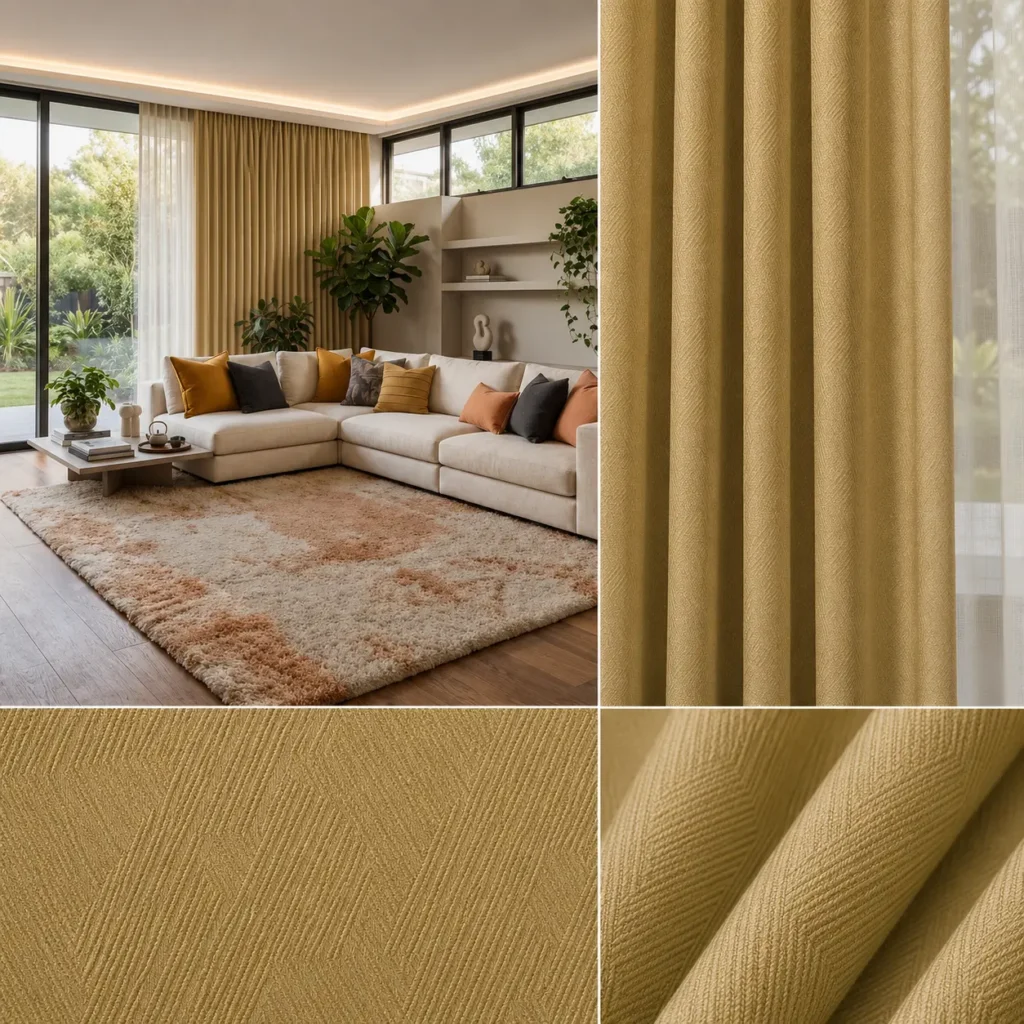Gorden Dimout Melody warna champagne gold dipasang pada ruang tamu mewah premium bergaya modern minimalis dengan furnitur kayu dan pencahayaan hangat untuk menciptakan suasana mewah yang elegan.