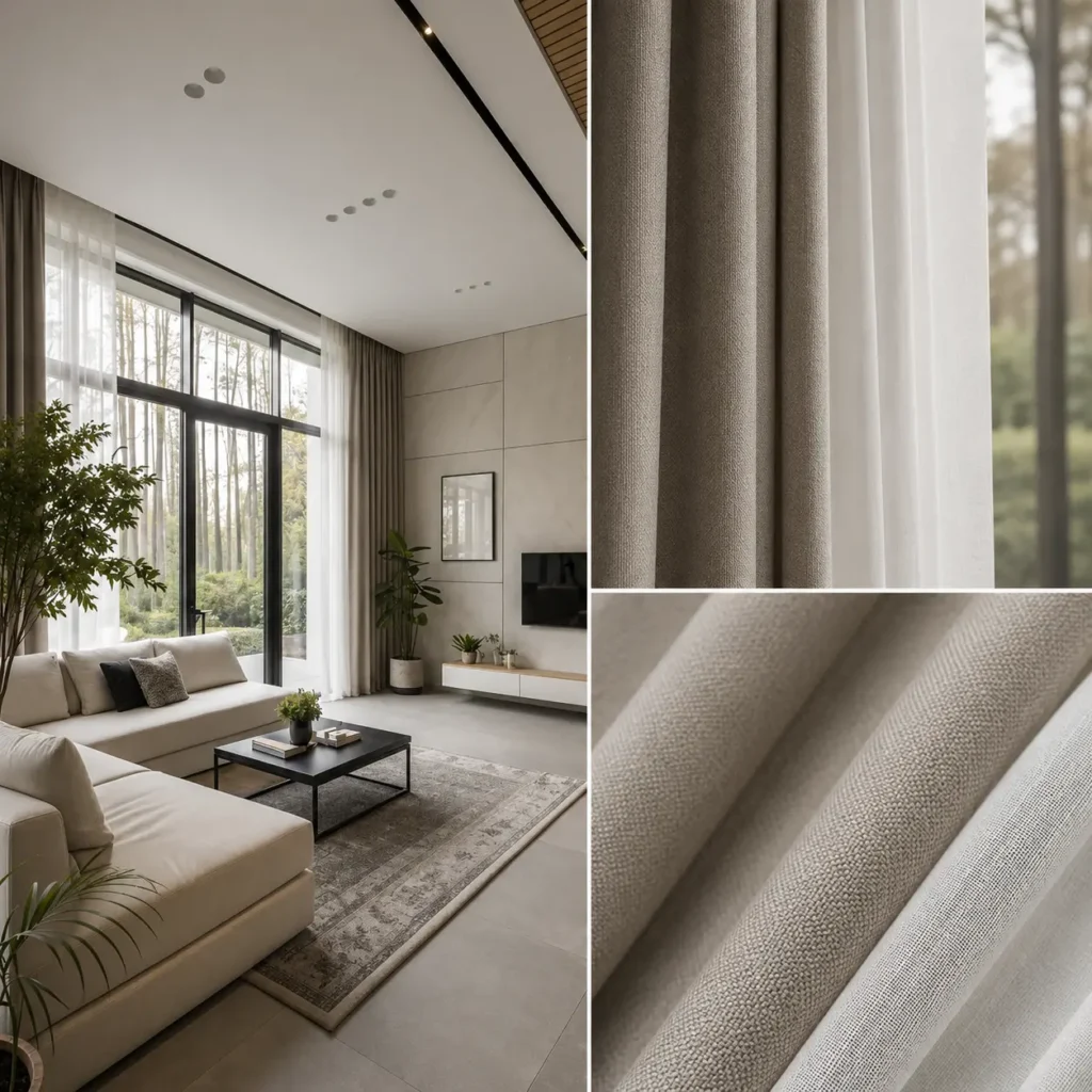 Gorden double layer yang memadukan vitrase dan blackout premium dipasang pada ruang tamu rumah  mewah modern minimalis untuk menciptakan tampilan elegan, pencahayaan yang fleksibel, dan privasi yang optimal.