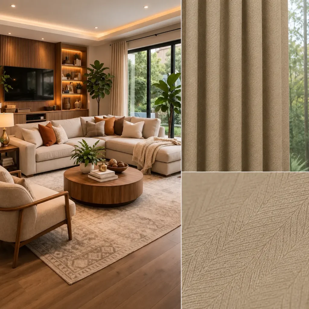 Gorden Blackout Honey Sugar warna earth tone dipasang pada ruang keluarga bergaya modern minimalis dengan perpaduan furnitur kayu dan warna alami yang memberikan kesan hangat serta mewah.