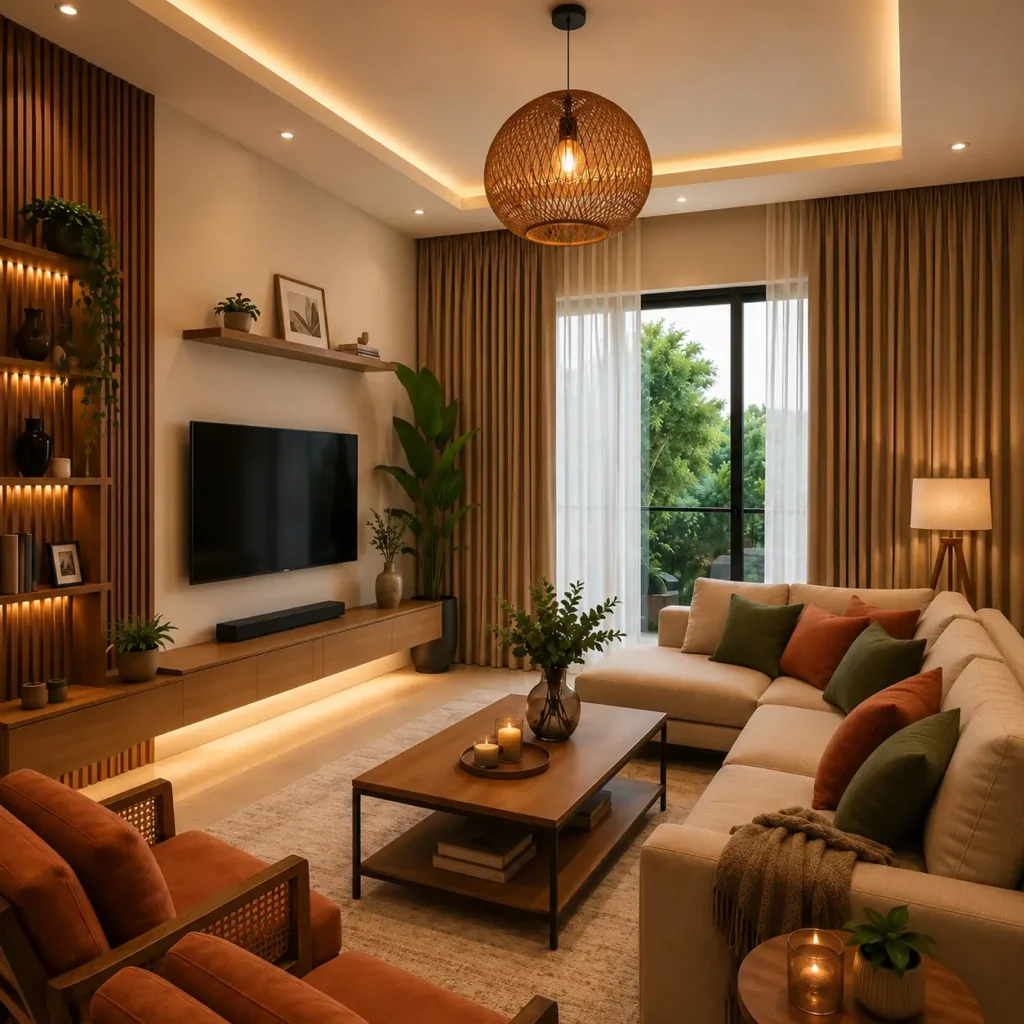 Gorden full height dipasang hingga plafon pada ruang keluarga modern dengan kombinasi vitrase dan blackout untuk menciptakan kesan ruangan lebih tinggi, luas, dan elegan.