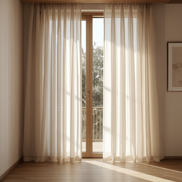 Gorden Japandi warna cream dengan tekstur linen yang membiarkan cahaya alami masuk lembut ke dalam ruangan