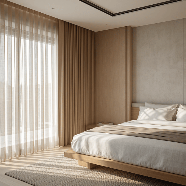 Model gorden Japandi warna beige pada kamar tidur dengan tekstur woven yang menciptakan suasana hangat dan tenang