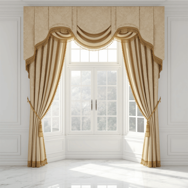 Model gorden klasik pada bay window dengan box valance, kain emboss, dan tassel dekoratif untuk menciptakan tampilan elegan