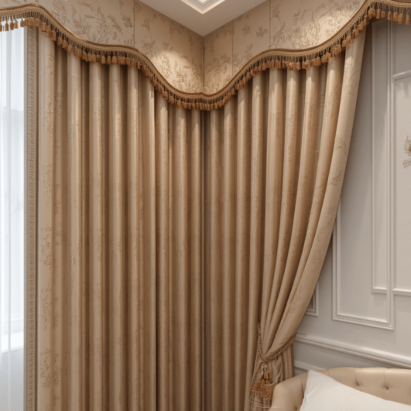 Gorden klasik bermotif emboss dengan cornice dekoratif pada kamar tidur bergaya klasik modern