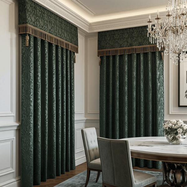 Detail box valance pada gorden klasik dengan finishing elegan yang menyatu dengan interior bergaya klasik modern