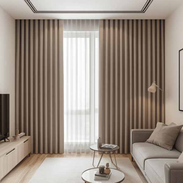 Gorden minimalis warna taupe dengan model wave curtain untuk apartemen bergaya modern