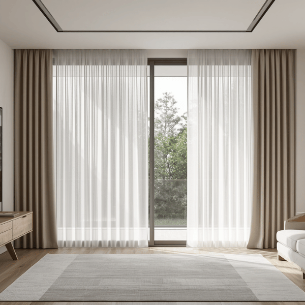 Gorden minimalis warna greige dengan model wave curtain pada jendela besar bergaya modern minimalis