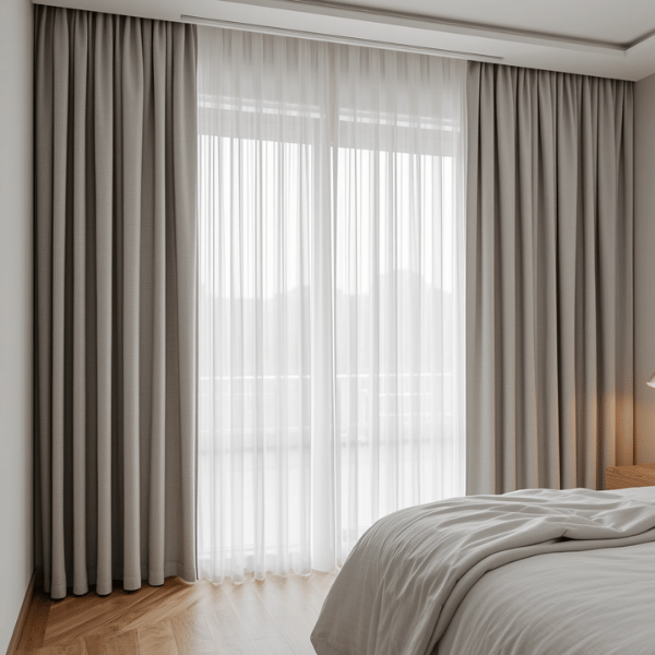 Gorden minimalis warna abu-abu dengan model wave curtain pada kamar tidur modern yang sederhana dan nyaman