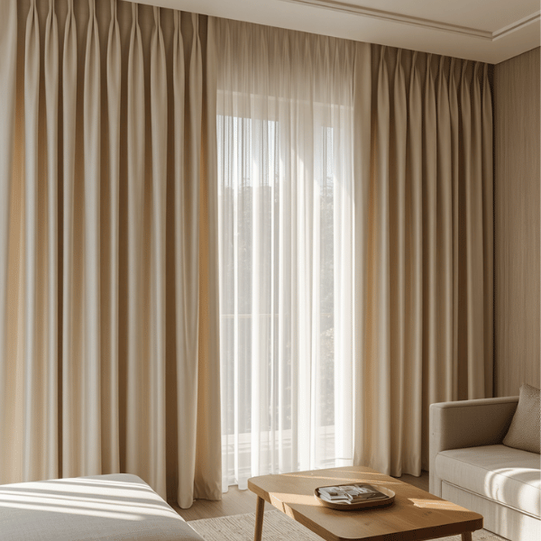 Gorden minimalis warna krem dengan model wave curtain yang memberikan kesan hangat pada ruang keluarga