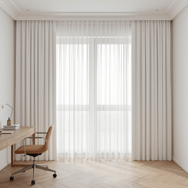 Gorden minimalis warna putih dengan model wave curtain pada ruang kerja bergaya modern minimalis