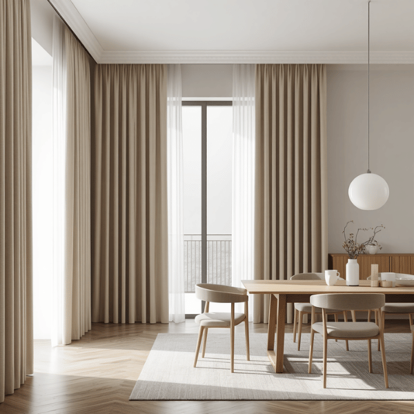 Gorden minimalis warna beige dengan model wave curtain yang menyatu dengan ruang makan bergaya modern