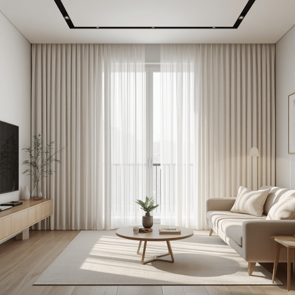 Gorden minimalis warna broken white dengan model wave curtain pada ruang tamu bergaya modern minimalis