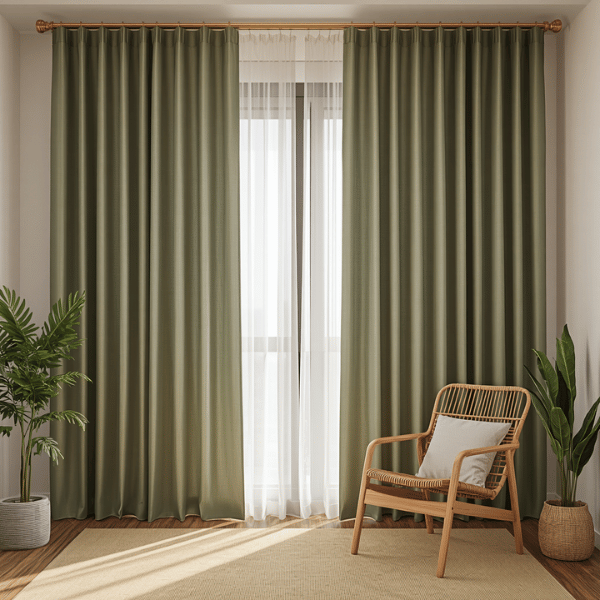 Gorden minimalis warna hijau sage dengan model wave curtain pada sudut baca