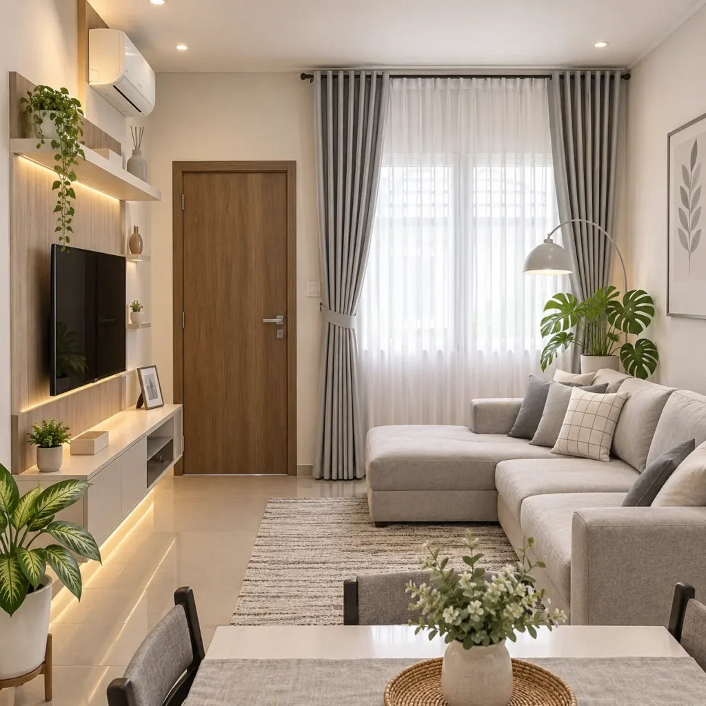 Model gorden minimalis warna abu-abu muda pada ruang tamu rumah minimalis space kecil dengan desain interior modern bernuansa netral dan elegan.