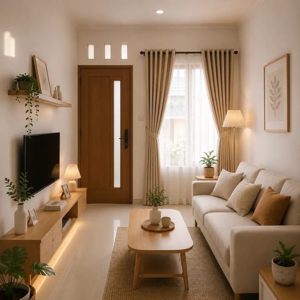 Gorden minimalis warna beige pada ruang tamu rumah tipe 36 bergaya modern dengan pencahayaan alami yang menciptakan kesan hangat, elegan, dan lebih luas.