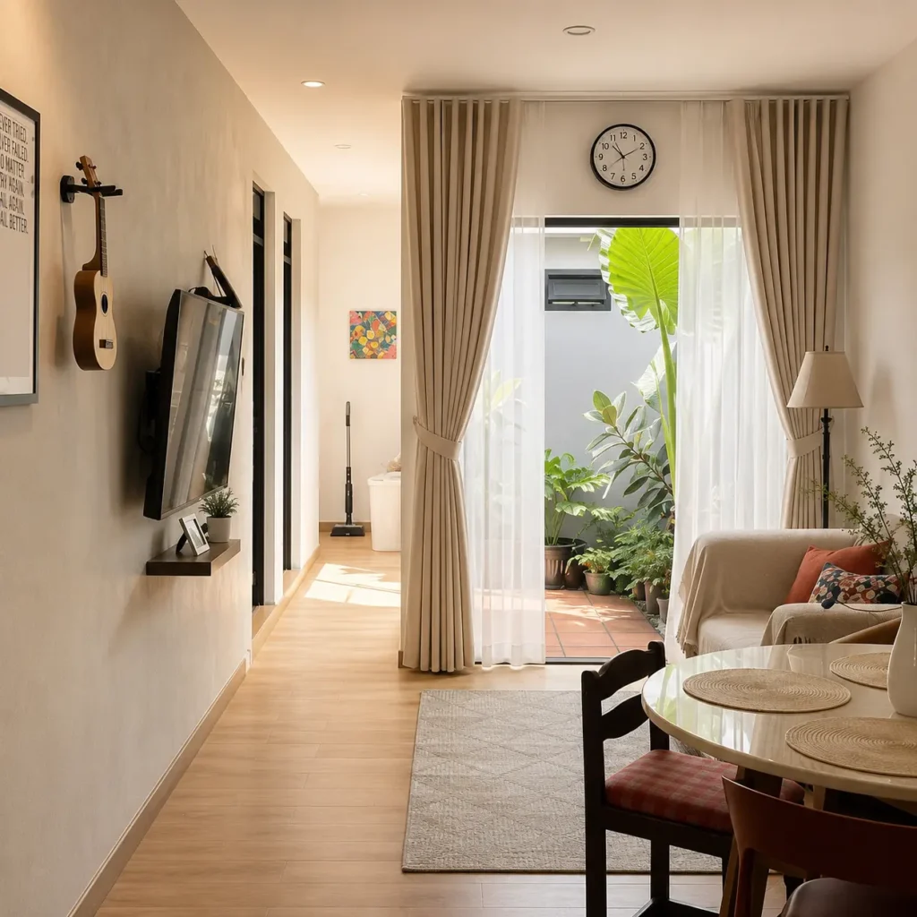 Gorden minimalis warna krem pada ruang tamu rumah tipe 36 dengan desain modern dan pencahayaan alami.