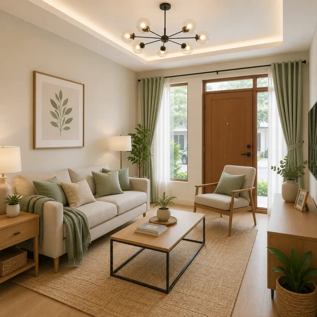 Gorden minimalis warna sage pada ruang tamu rumah tipe 45 dengan desain interior modern, furnitur kayu terang, dan dekorasi bernuansa natural yang menciptakan suasana segar dan elegan.