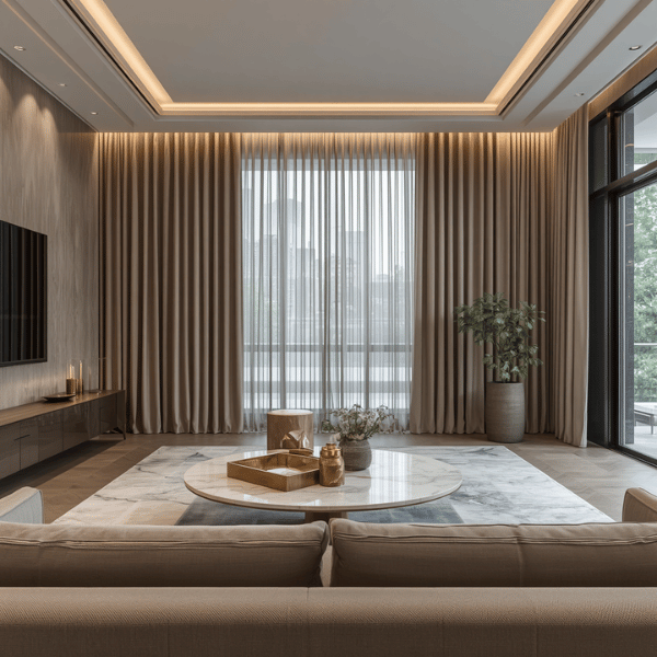 Model gorden Modern Luxury dengan pemasangan floor-to-ceiling menggunakan kain blackout premium dan hidden curtain track pada ruang tamu berplafon tinggi.