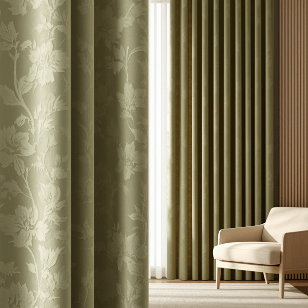 Gorden motif bunga emboss warna hijau sage dengan tekstur jacquard halus yang memberikan tampilan elegan, modern, dan menyatu dengan interior minimalis