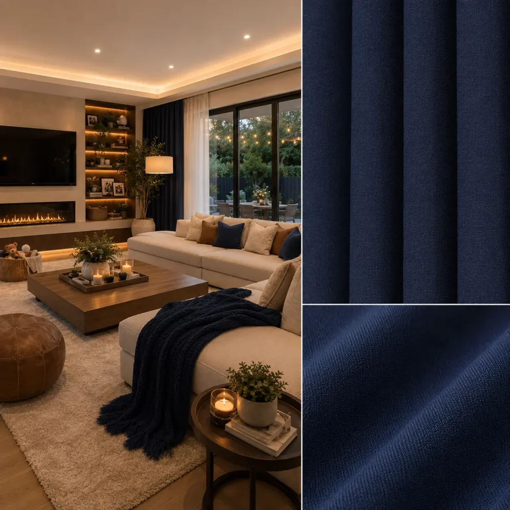Aplikasi gorden Blackout Nano warna navy pada ruang keluarga rumah modern dengan furnitur kayu, pencahayaan hangat, dan desain minimalis yang menciptakan kesan mewah serta elegan.