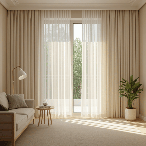 Gorden polos warna krem dengan lipatan wave curtain yang memberikan kesan minimalis, hangat, dan elegan pada ruang tamu modern.