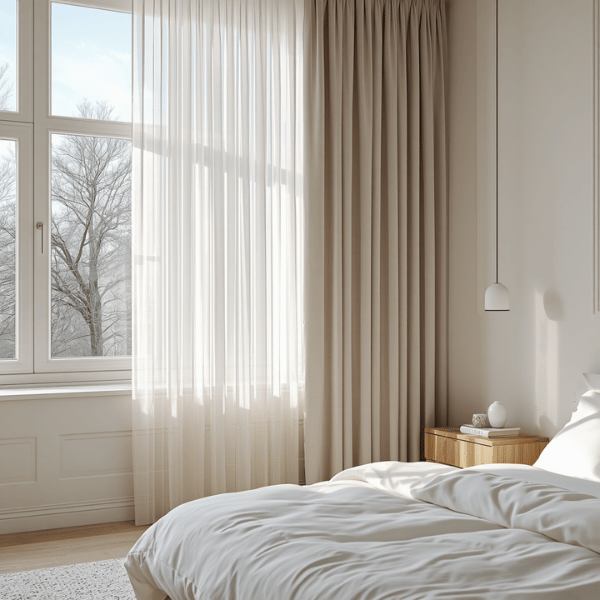 Model gorden Scandinavian pada kamar tidur dengan sheer putih dan dimout greige yang menyaring cahaya alami.