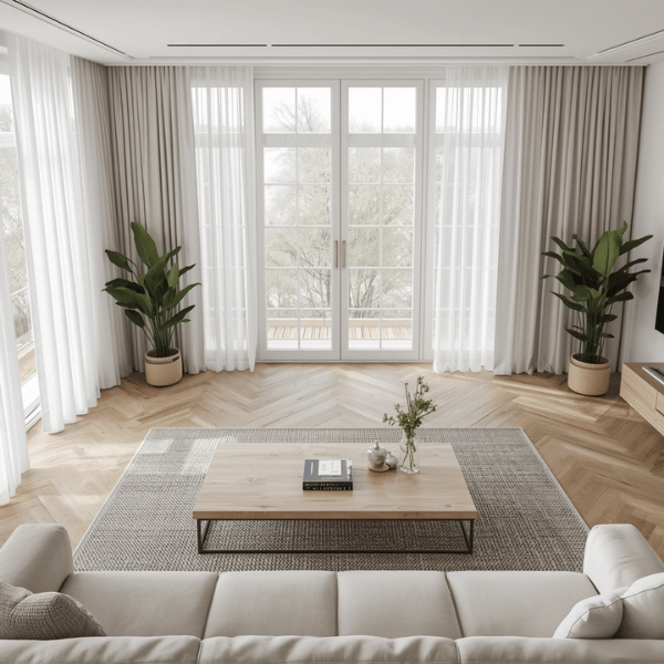 Gorden Scandinavian bergaya wave curtain yang menghadirkan suasana terang dan hangat pada ruang keluarga