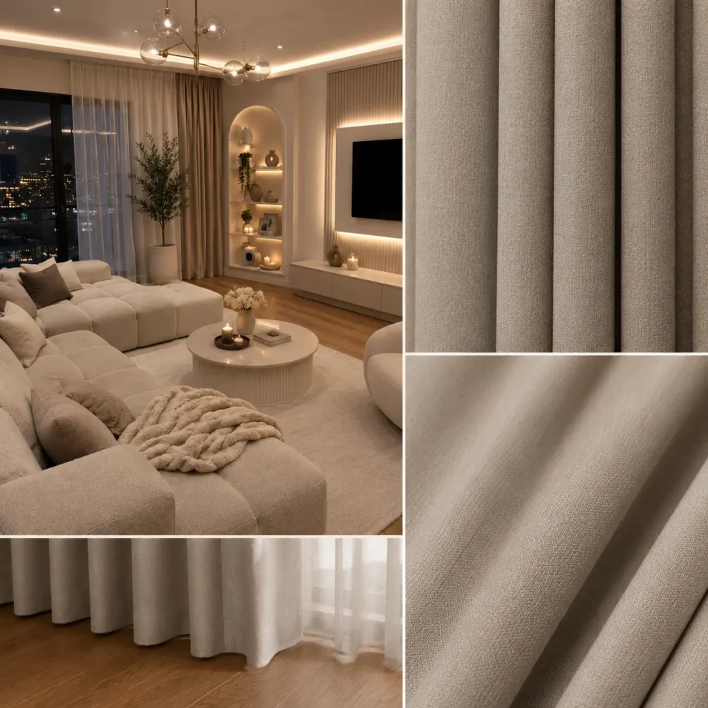 Aplikasi gorden warna greige dengan kombinasi vitrase pada ruang keluarga rumah modern minimalis yang menciptakan suasana hangat, elegan, dan premium.