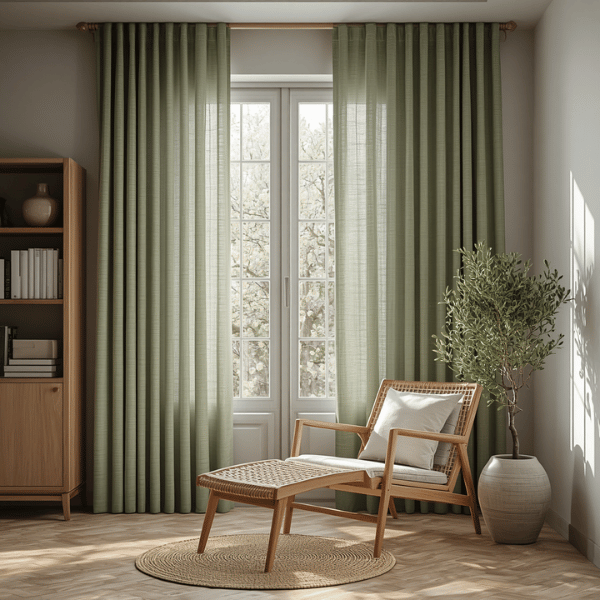 Inspirasi gorden Japandi warna sage dengan tekstur woven pada sudut baca bergaya minimalis modern