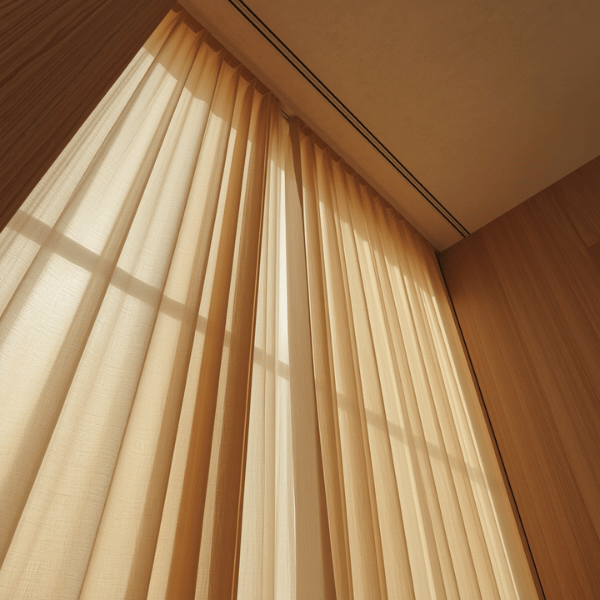 Inspirasi model gorden Japandi estetik tahun 2026 dengan kain linen look warna beige yang berpadu harmonis dengan interior bernuansa kayu alami.
