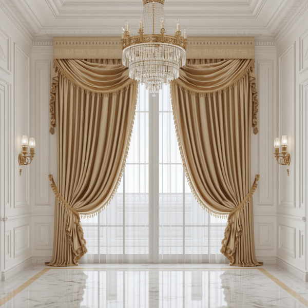 Inspirasi model gorden klasik modern dengan kain damask premium, box valance, tassel, dan lipatan penuh untuk hunian bergaya elegan.