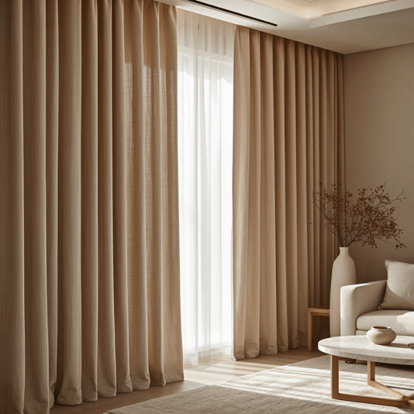 Model gorden Japandi berbahan linen look warna beige pada ruang tamu dengan furnitur kayu terang yang menghadirkan suasana hangat dan menenangkan.