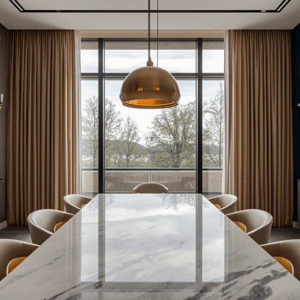 Model gorden Modern Luxury dengan kain blackout premium yang melengkapi ruang makan berkonsep marmer dan pencahayaan elegan