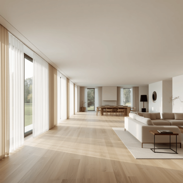 Model gorden modern bergaya Scandinavian dengan kombinasi sheer dan dimout yang memaksimalkan pencahayaan alami