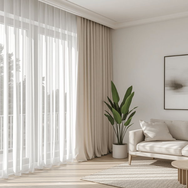 Model gorden Scandinavian dengan kombinasi sheer putih dan dimout beige yang membuat ruang tamu terasa terang dan lapang