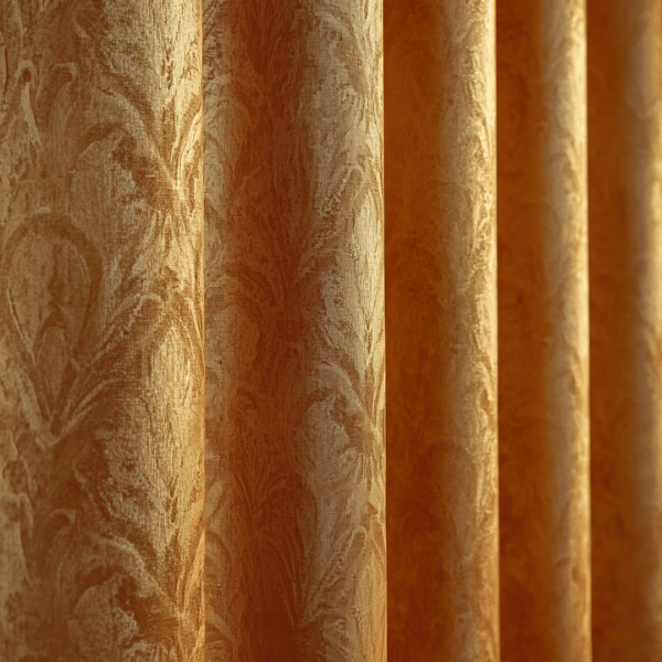 Detail motif damask pada kain gorden klasik premium dengan tekstur tenun yang memberikan kesan elegan dan mewah.