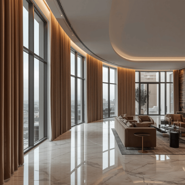 Inspirasi model gorden Modern Luxury untuk hunian premium dengan pemasangan floor-to-ceiling, hidden curtain track, dan kain blackout bertekstur mewah