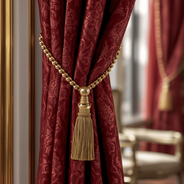 Detail tassel dan hook dekoratif pada gorden klasik yang menjadi aksen elegan pada interior bergaya klasik