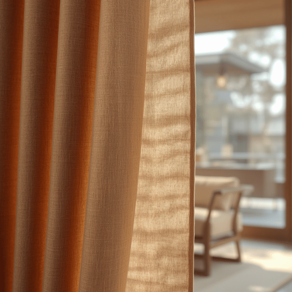 Detail tekstur linen look pada gorden Japandi warna mocca dengan lipatan wave curtain yang terlihat natural.