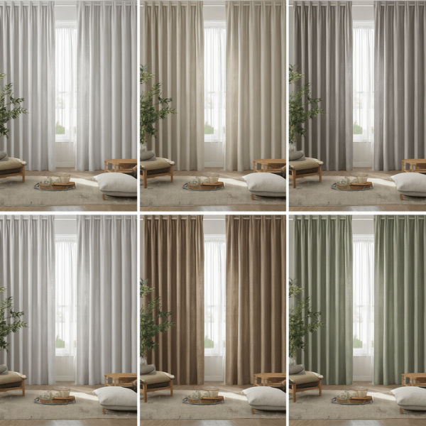 Inspirasi warna gorden populer 2026 dengan pilihan broken white, krem, abu-abu, cokelat, dan hijau sage untuk berbagai konsep interior rumah.