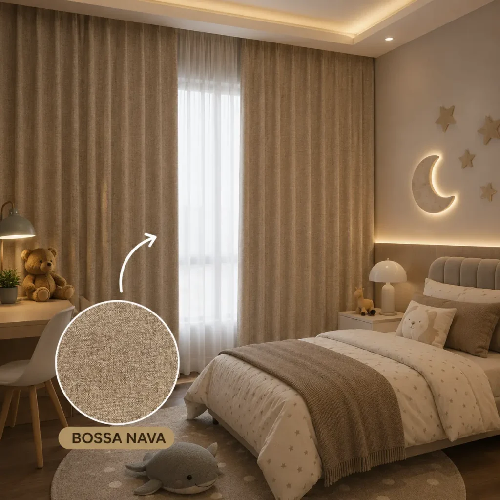 Gorden Bossa Nava polos berwarna cokelat muda dipasang pada kamar tidur anak bergaya modern minimalis dengan kombinasi sheer, menghadirkan tampilan hangat, sederhana, dan mudah dipadukan dengan berbagai konsep interior.