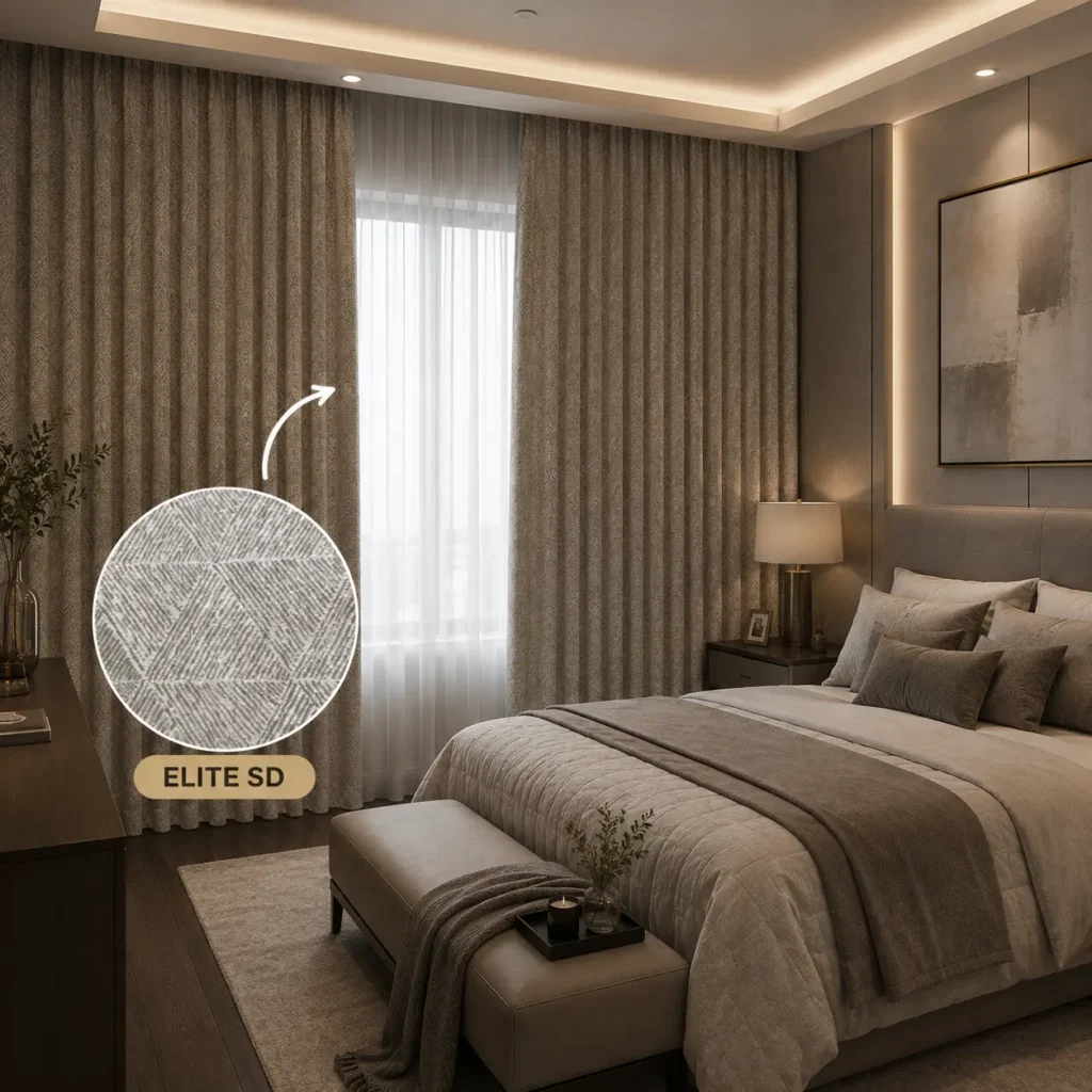Gorden blackout Elite SD bermotif geometris warna abu-abu kecokelatan terpasang pada kamar tidur modern bergaya minimalis dengan plafon tinggi, memberikan tampilan elegan sekaligus membantu menghalau cahaya secara maksimal