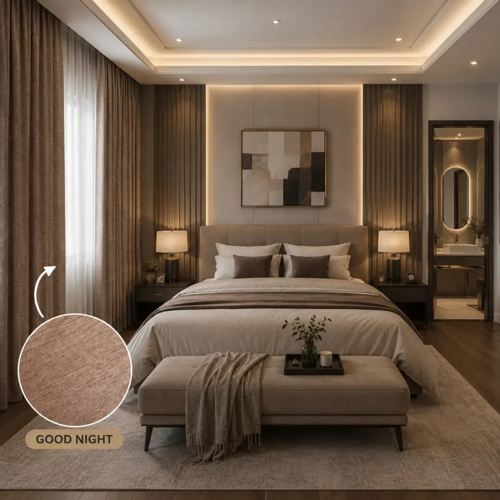 Gorden blackout Good Night berwarna cokelat muda dipasang pada kamar tidur utama bergaya modern dengan akses langsung ke kamar mandi, menghadirkan suasana tidur yang nyaman sekaligus membantu menghalau cahaya dari luar secara optimal.