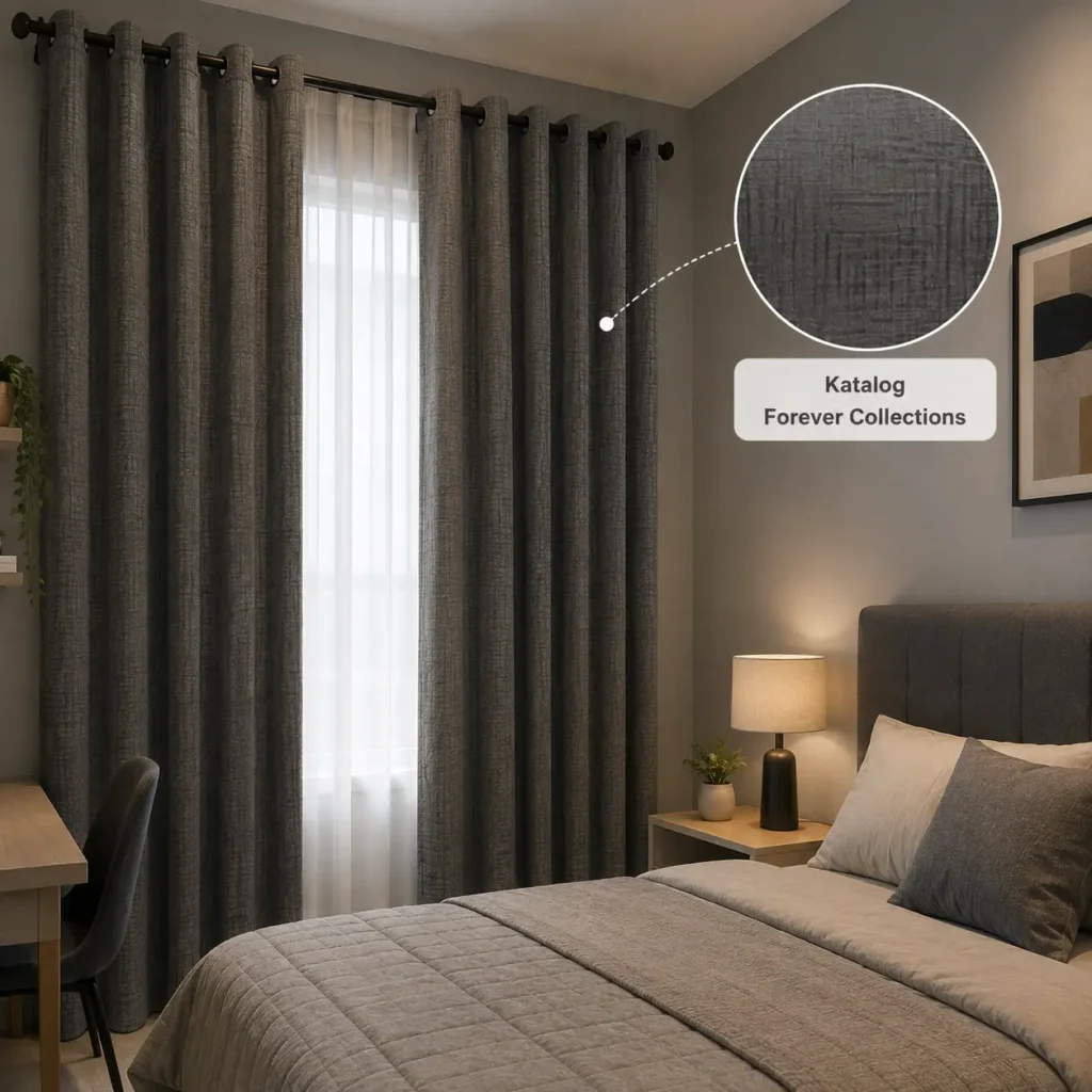 Gorden blackout katalog Forever Collections berwarna abu-abu pada kamar tidur rumah minimalis dengan tekstur kain tebal untuk menghalau hingga 100% cahaya.